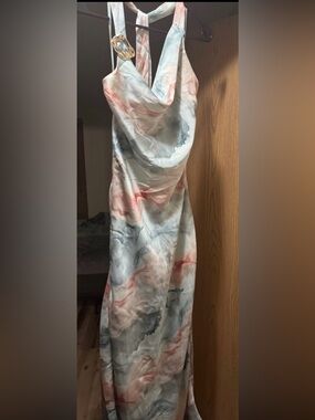 Sincerely Jules Marble-Print Cowl Neck Maxi Dress in Blue, Gray & Coral